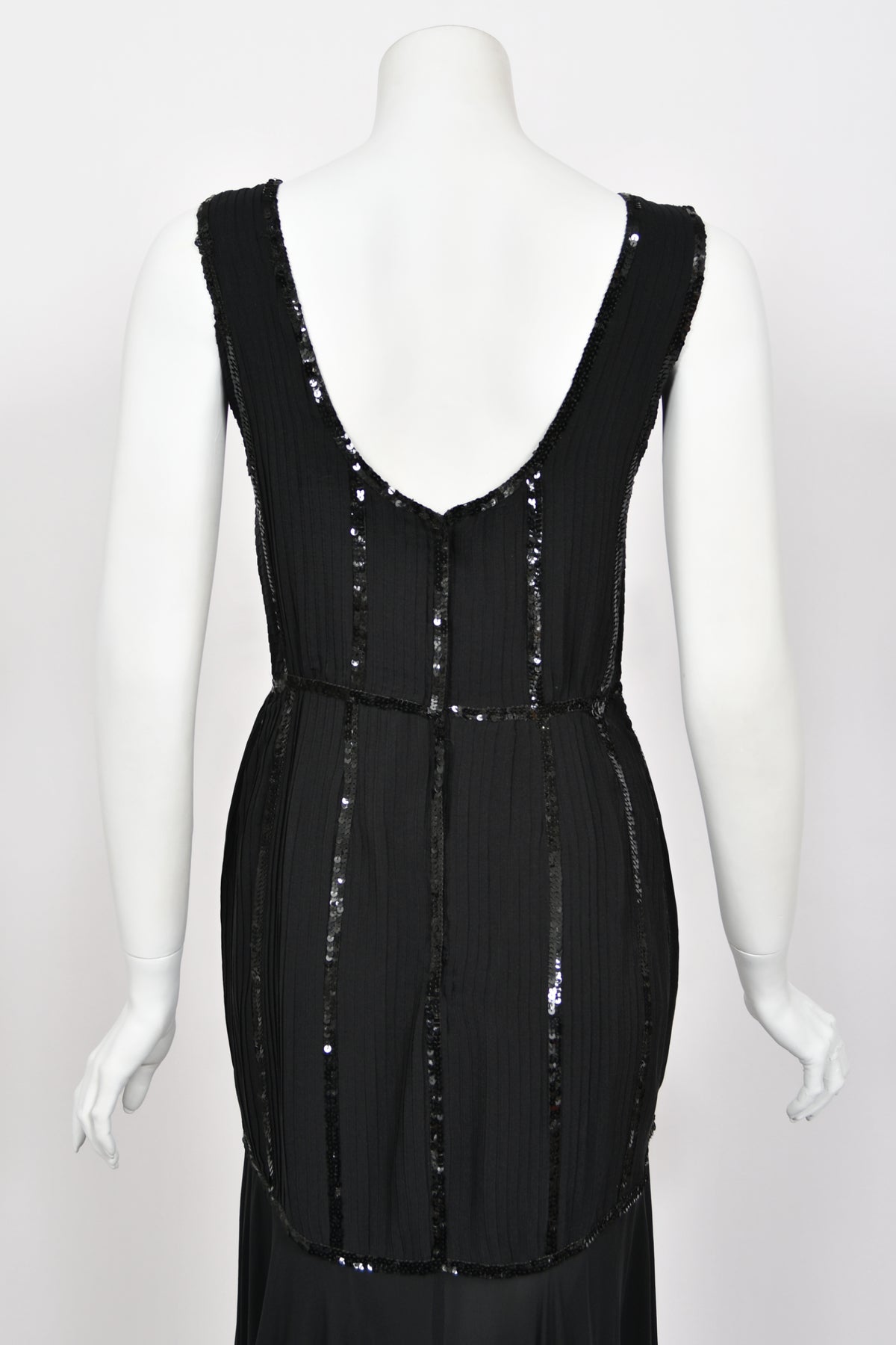 1983 Chanel by Karl Lagerfeld Sequin Pleated Black Silk Crepe High-Low Gown w/ Matching Jacket