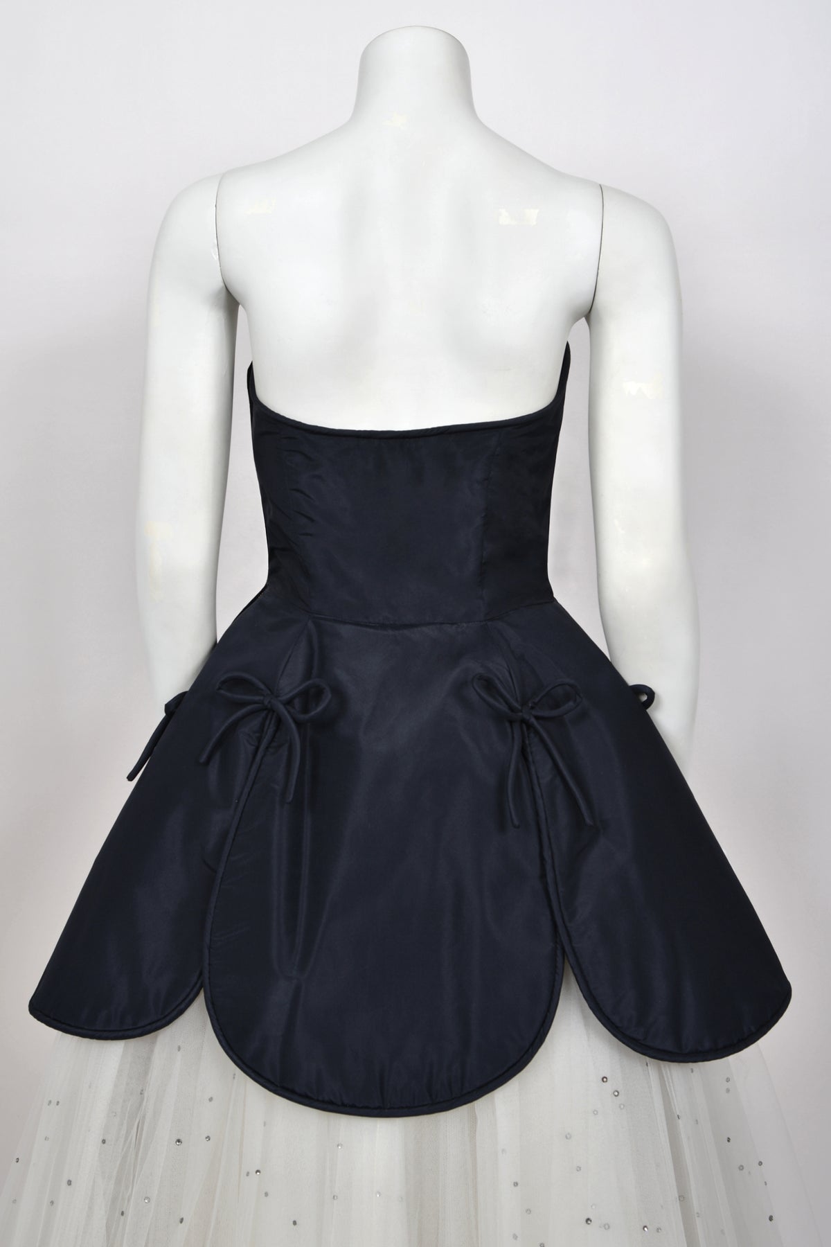 1950’s Edith Small Navy Silk &amp; Rhinestone White Tulle Strapless 'Petal' Dress w/ Shawl