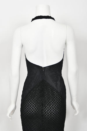 2002 Versace Couture Black Semi-Sheer Lace & Silk Fishnet Halter Hourglass Gown