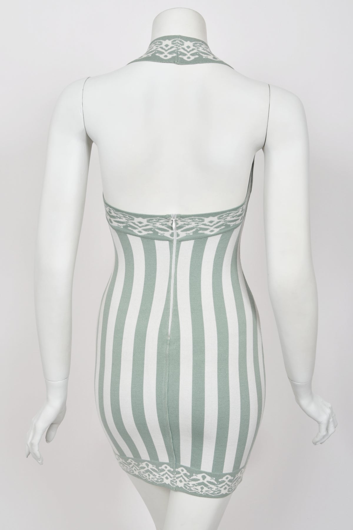 1992 Azzedine Alaia Runway Mint &amp; Ivory Striped Stretch Knit Halter Bodycon Mini Dress
