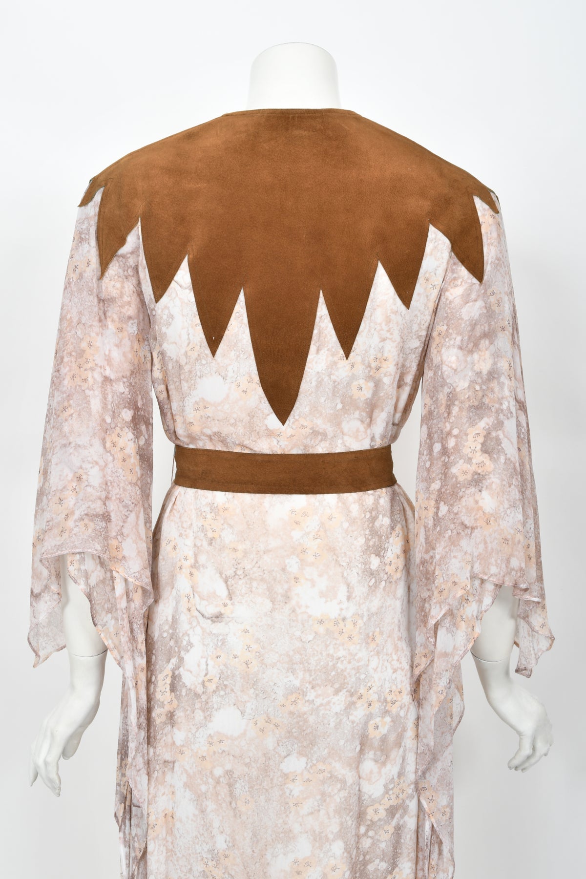 1971 Giorgio Sant&#39; Angelo Watercolor Chiffon &amp; Suede Angel-Sleeve Wrap Dress