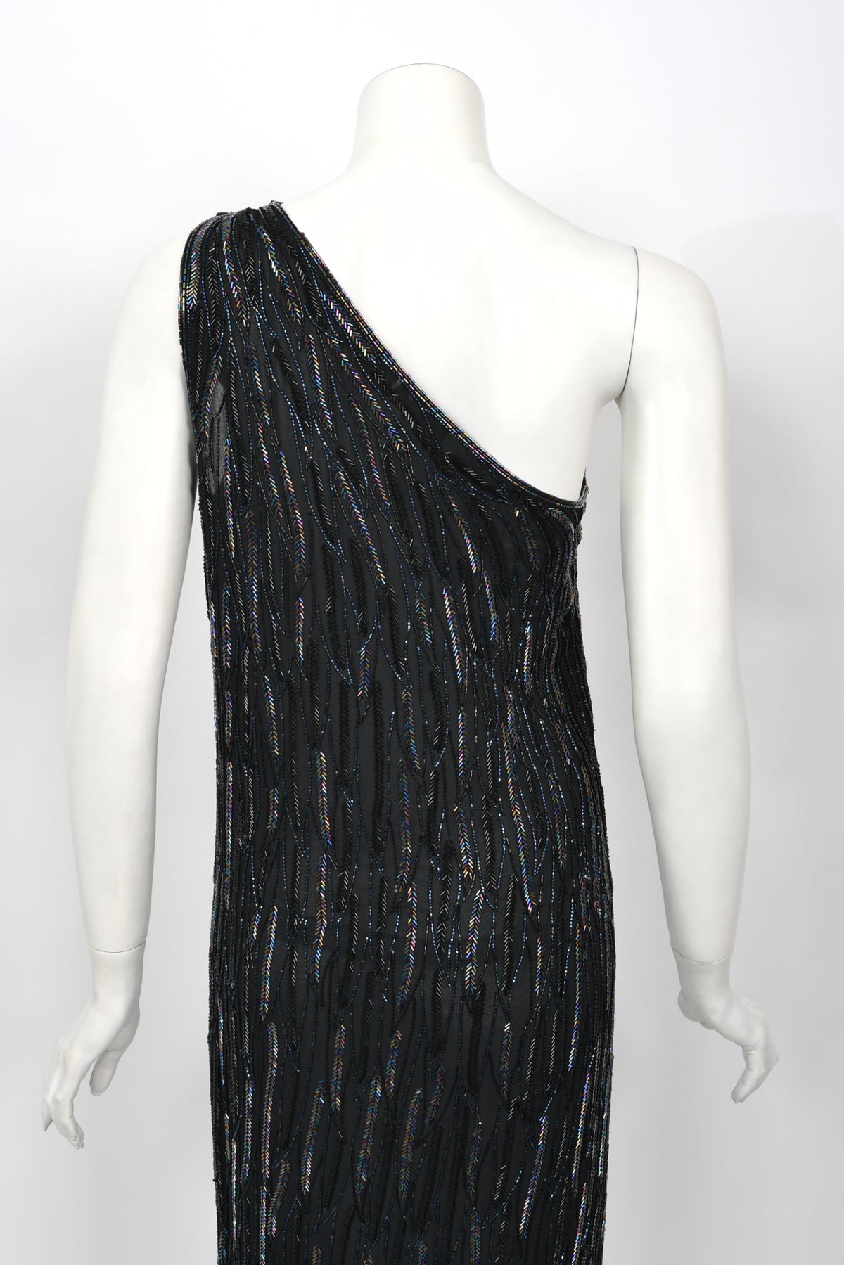 1970&#39;s Halston Couture Iridescent Beaded Black Silk One-Shoulder Dress