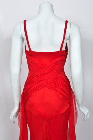 2007 Emanuel Ungaro Lipstick Red Heavily Ruched Silk Chiffon Trained Hourglass Gown