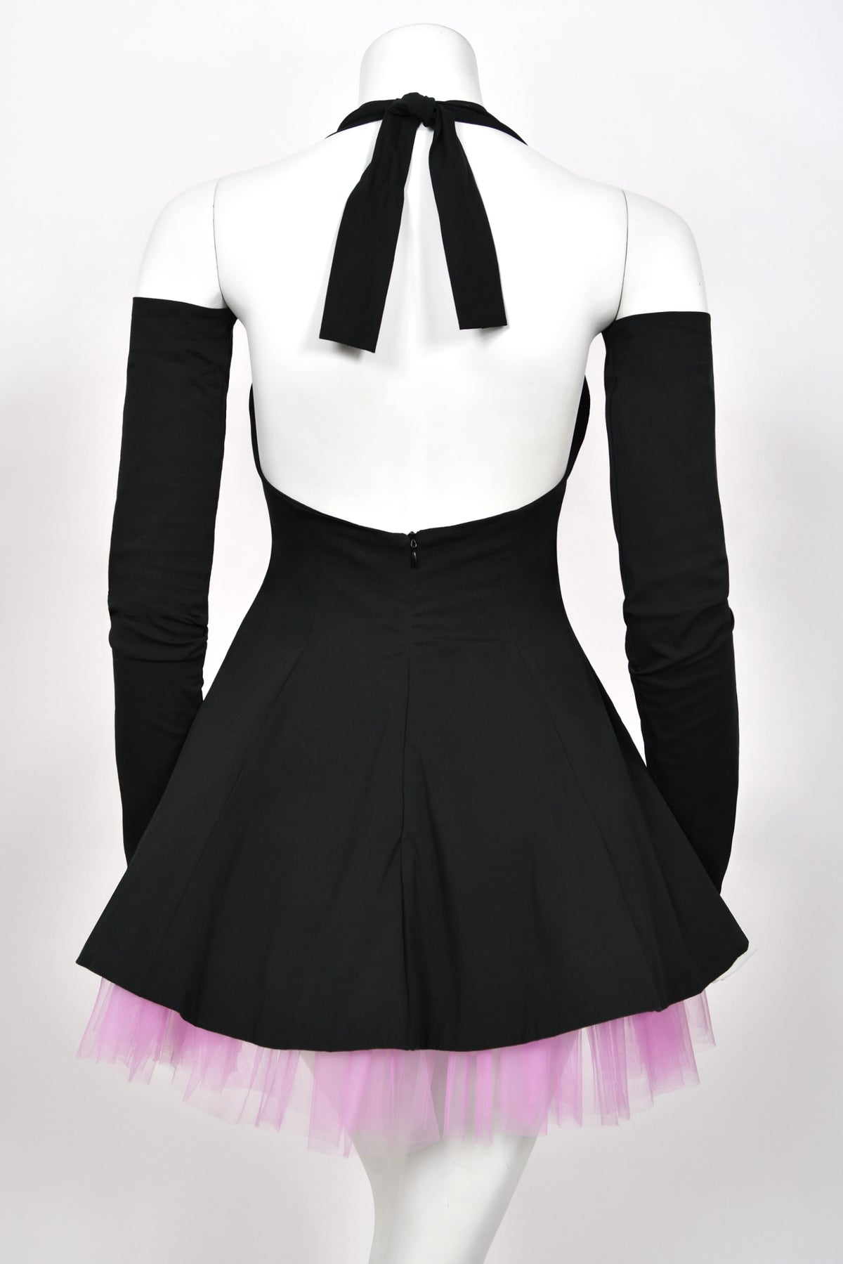 1992 Dolce & Gabbana Runway Black Stretch Cotton & Lilac Tulle Halter Mini Dress w/ Gloves