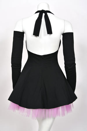 1992 Dolce & Gabbana Runway Black Stretch Cotton & Lilac Tulle Halter Mini Dress w/ Gloves