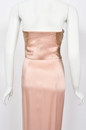 2012 John Galliano Blush Pink Silk Beaded Bustier Strapless Pleated-Side Gown