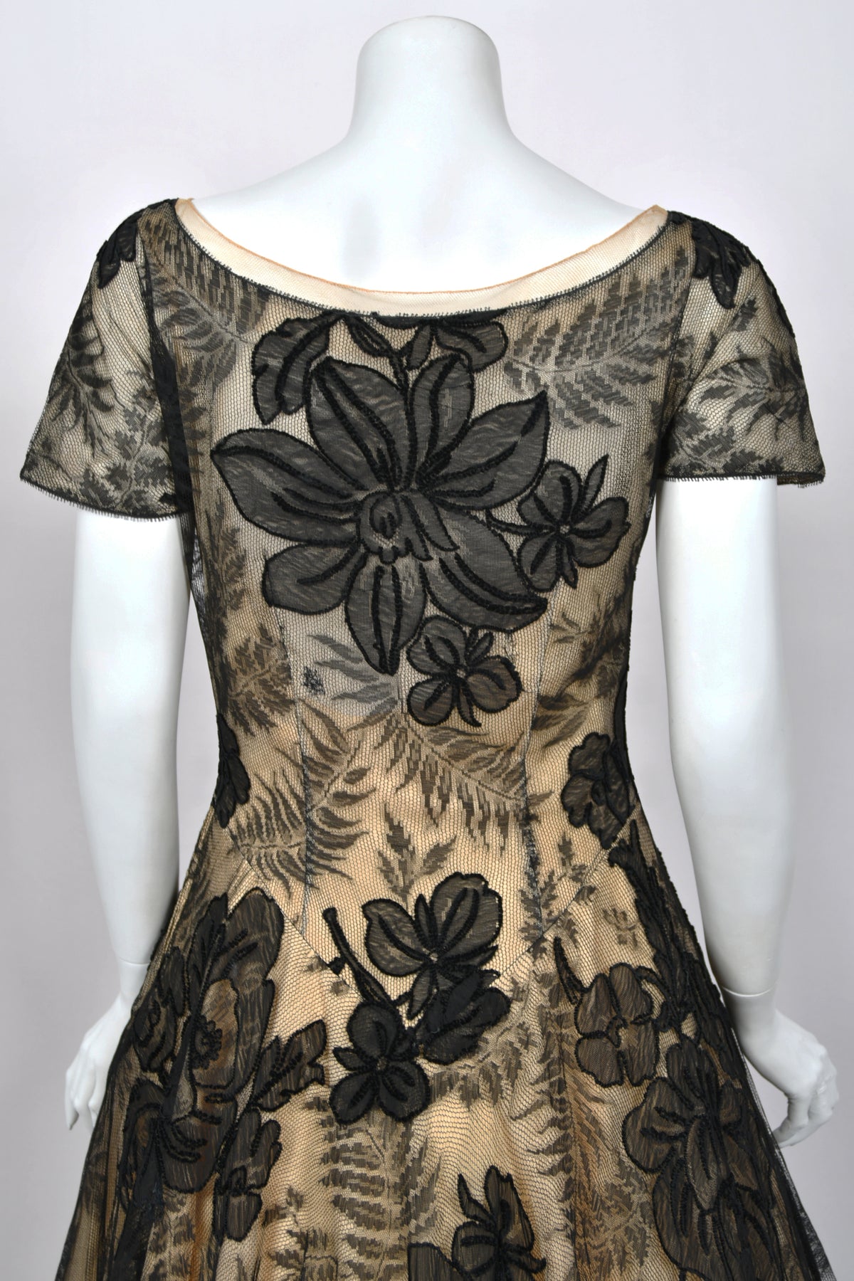 1950’s Hattie Carnegie Couture Large-Scale Black Floral Chenille Lace Full Skirted High-Low Gown