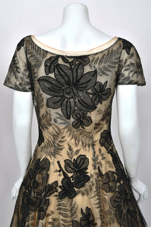 1950’s Hattie Carnegie Couture Large-Scale Black Floral Chenille Lace Full Skirted High-Low Gown