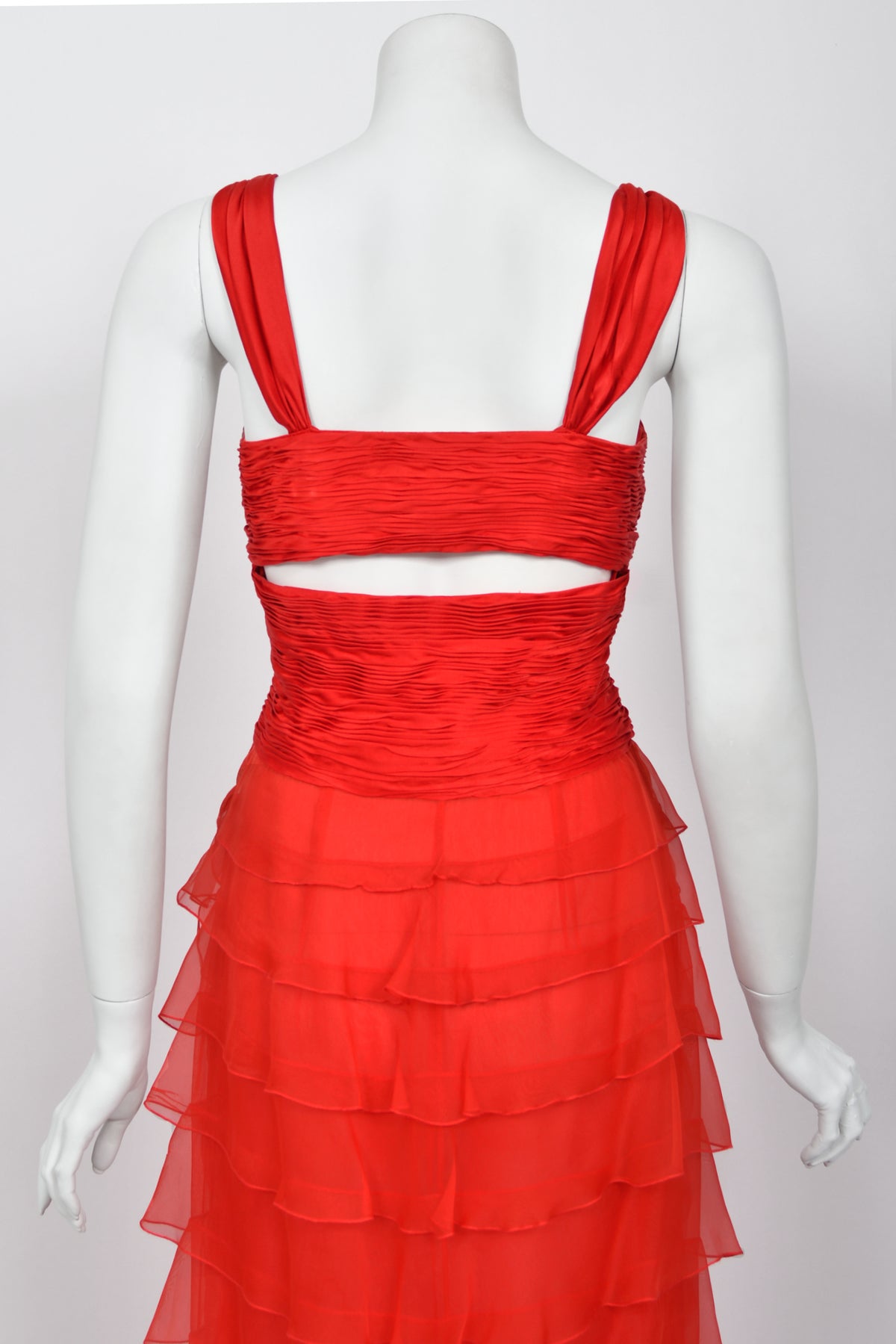 2005 Valentino Runway Iconic Red Ruched Silk Cut-Out Tiered Ruffle Gown