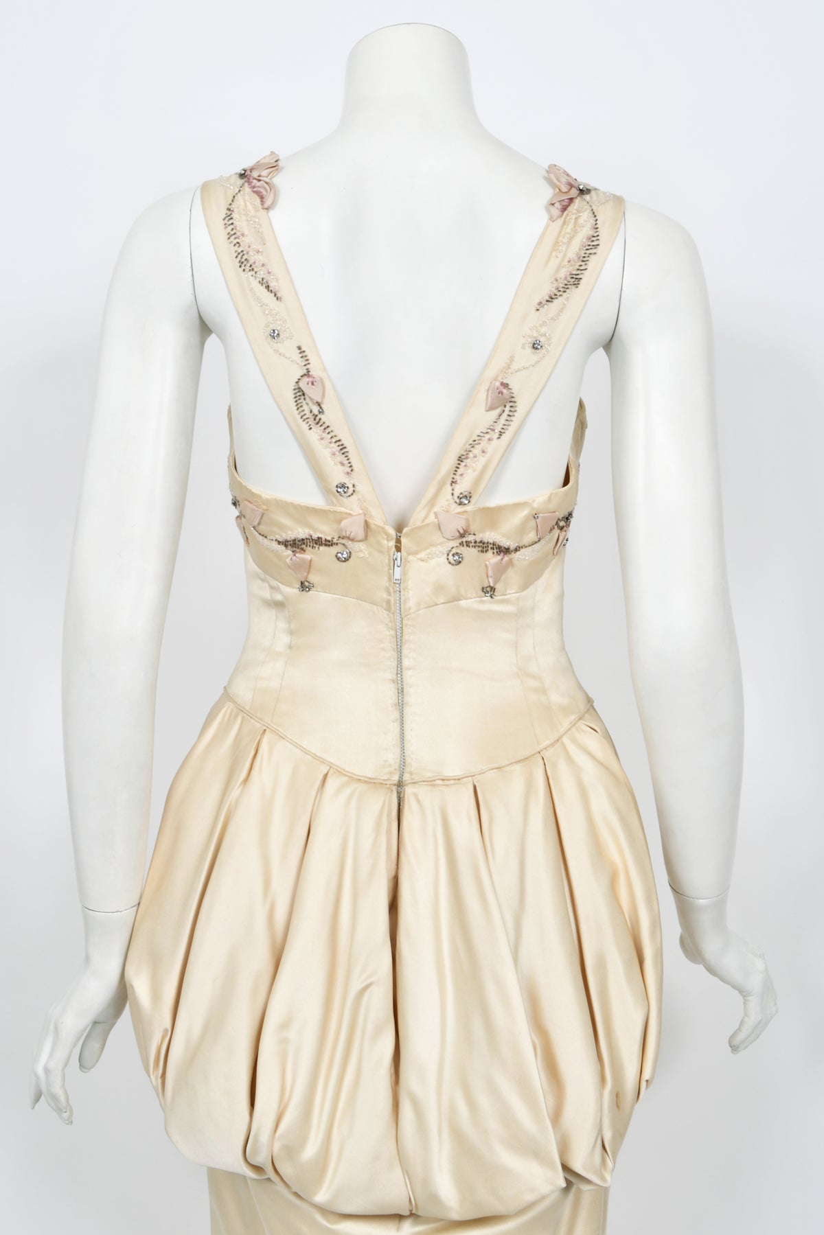 1950&#39;s Candlelight Satin Beaded Appliqué Skirted Hourglass Custom Couture Dress