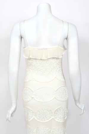 2005 Christian Dior by John Galliano Ivory Knit Appliqué Sheer Silk Fitted Slip Dress