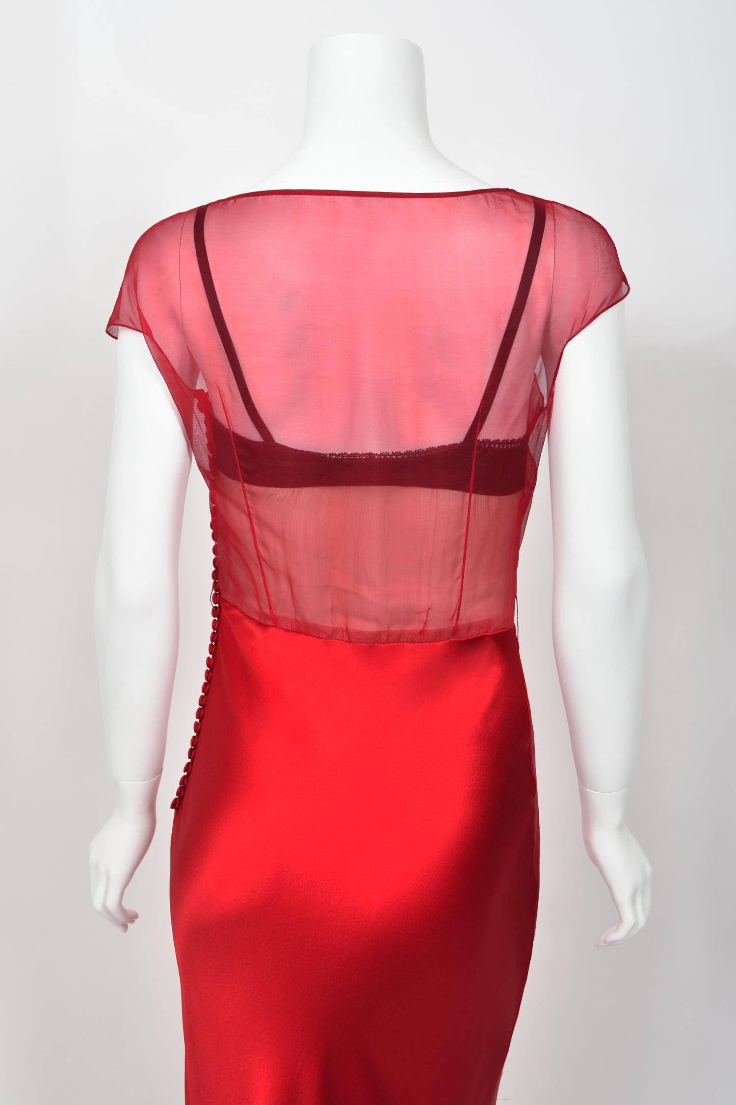 2010 Christian Dior by Galliano Red Sheer Silk Black Bra Bias-Cut Gown - Timeless Vixen 2010 Christian Dior by Galliano Red Sheer Silk Black Bra Bias-Cut Gown - Timeless Vixen