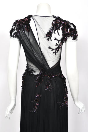 2012 Gucci Runway Editorial Heavily Embellished Sequin Sheer Black Pleated Tulle Gown