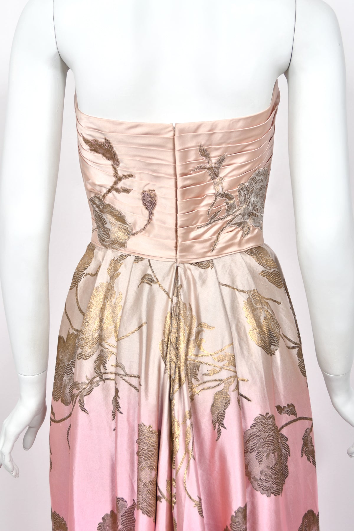 1950’s Philip Hulitar Couture Metallic Floral Ombré Pink Silk Satin Appliquéd Strapless Gown