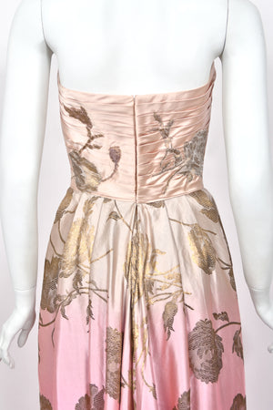1950’s Philip Hulitar Couture Metallic Floral Ombré Pink Silk Satin Appliquéd Strapless Gown