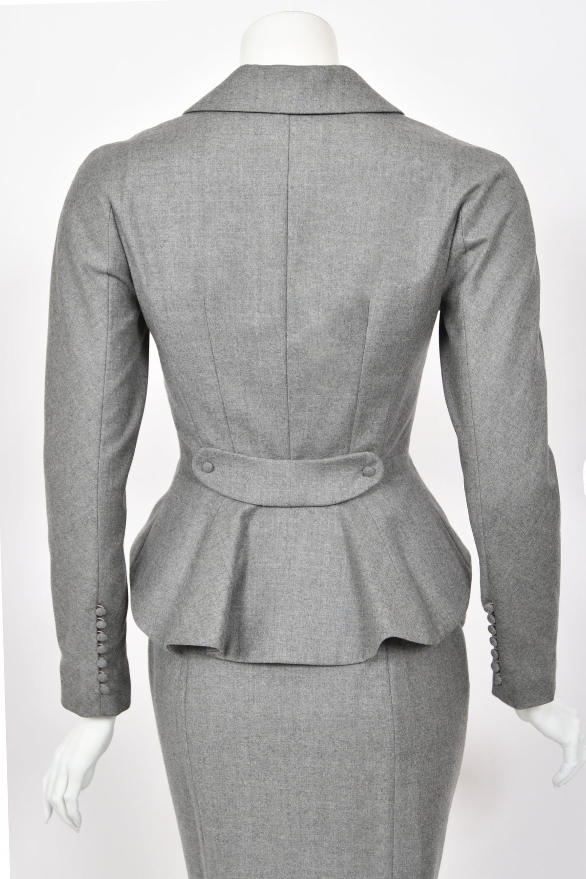 1998 John Galliano ‘Cabaret’ Collection Charcoal Gray Wool Dress & Peplum Jacket Suit