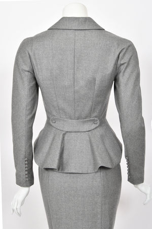 1998 John Galliano ‘Cabaret’ Collection Charcoal Gray Wool Dress & Peplum Jacket Suit