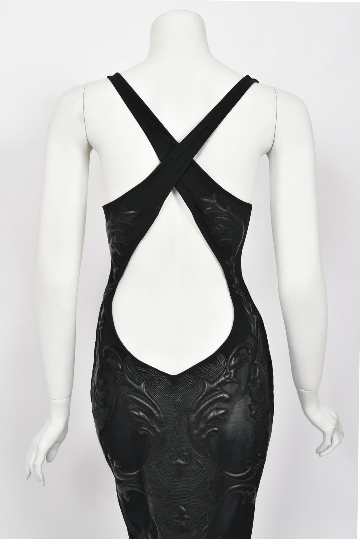 2002 Roberto Cavalli Black Leather Appliqué Sheer Mesh Low-Cut Hourglass Gown