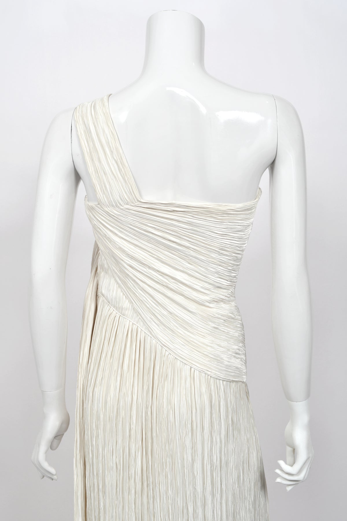1983 Mary McFadden Ivory Heavily Pleated Asymmetric One-Shoulder Draped Goddess Gown