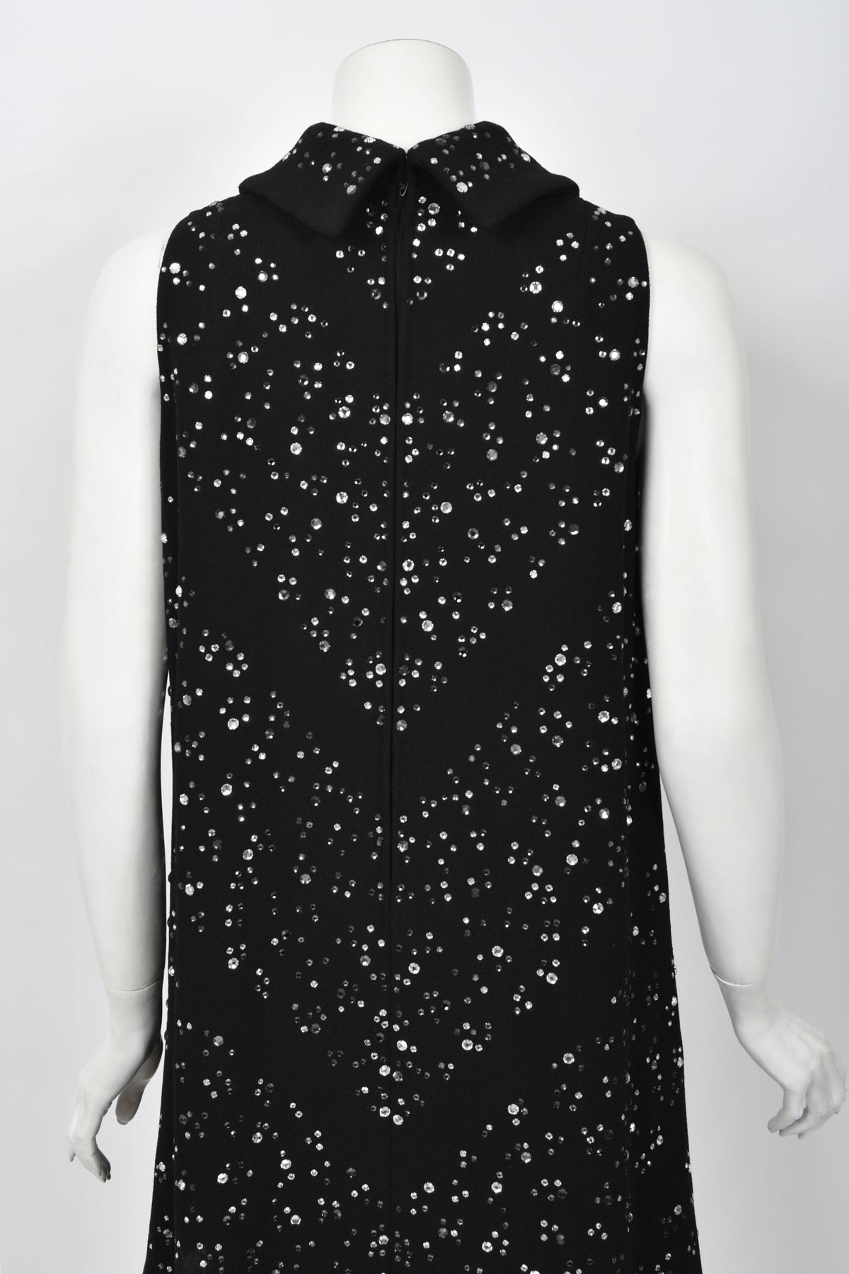 1960&#39;s Pauline Trigère Rhinestone Studded Black Wool Mod Trapeze Dress