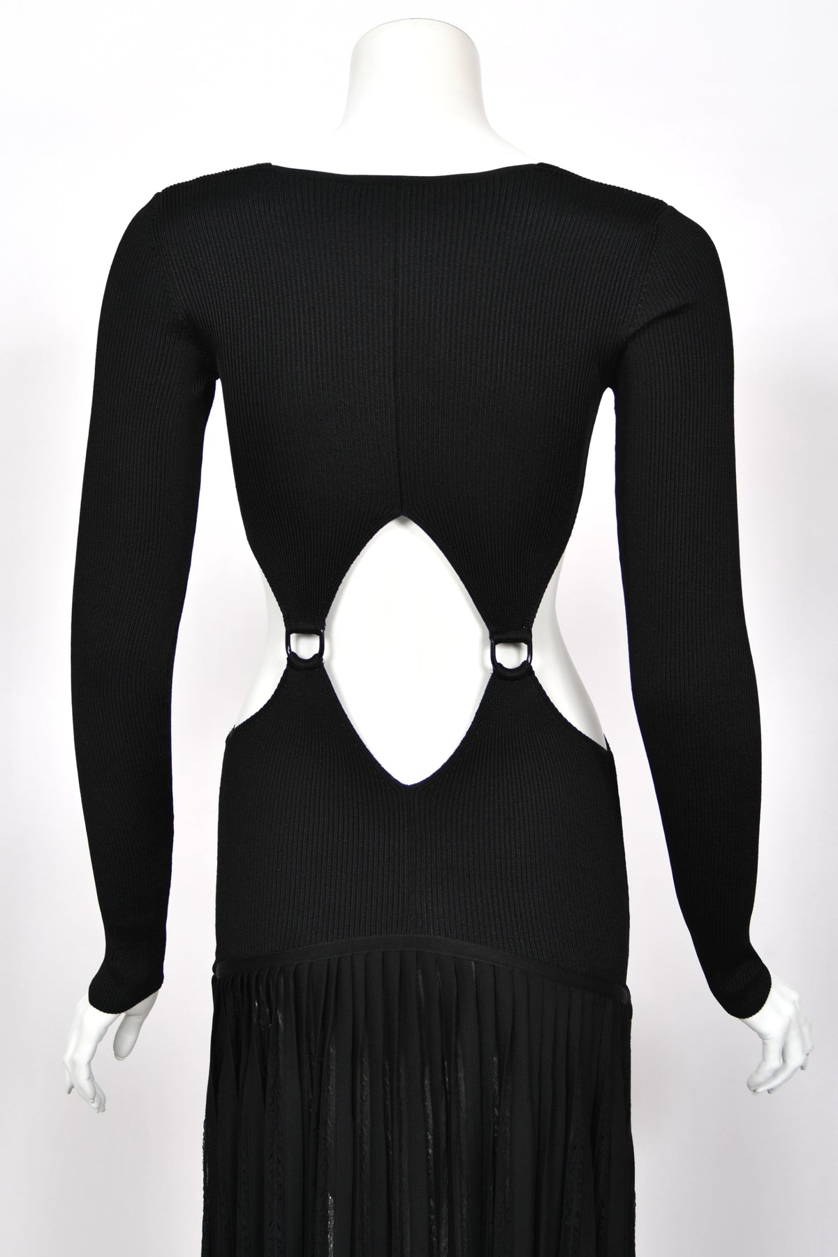 2018 Roberto Cavalli Runway Black Stretch Knit Long Sleeve Cut-Out High Slit Maxi Dress