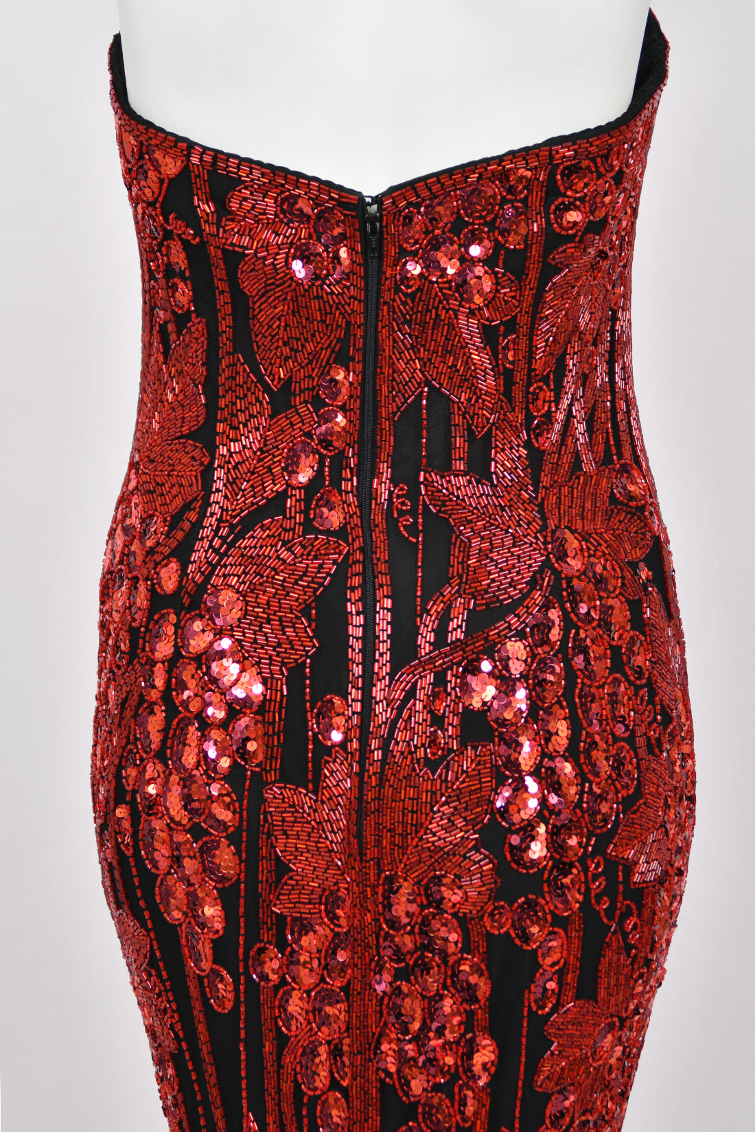 1990 Bob Mackie Red Grapevines Beaded Sequin Silk Strapless Hourglass Slit Gown
