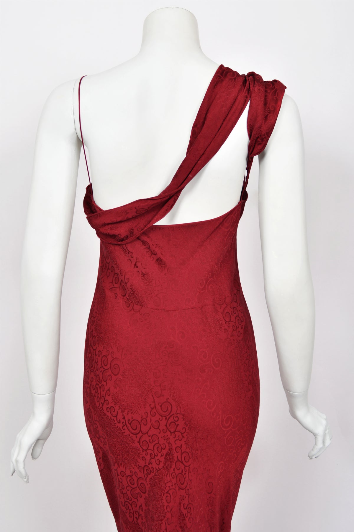 1999 John Galliano Maori Collection Merlot Red Silk Bias-Cut Gown w/ Fringed Shawl