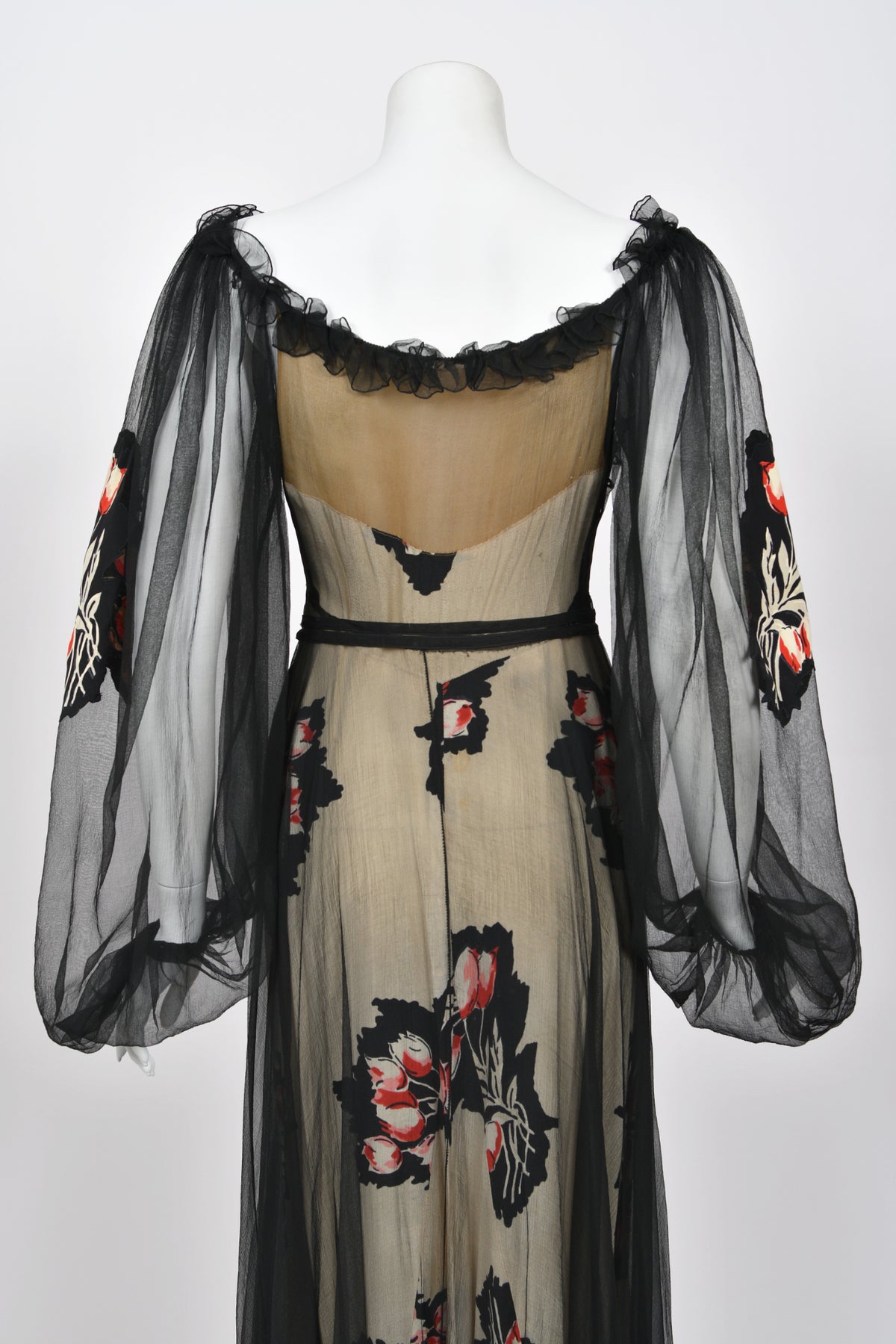 1936 Ginger Rodgers for Lettie Lee ‘Old Hollywood’ Floral Silk Appliqué Billow Sleeve Dress