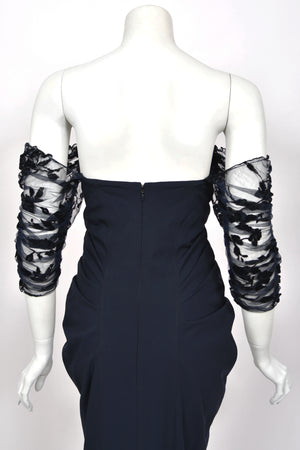 2004 Christian Dior by John Galliano Navy Stretch Silk Sheer-Sleeves Hourglass Dress