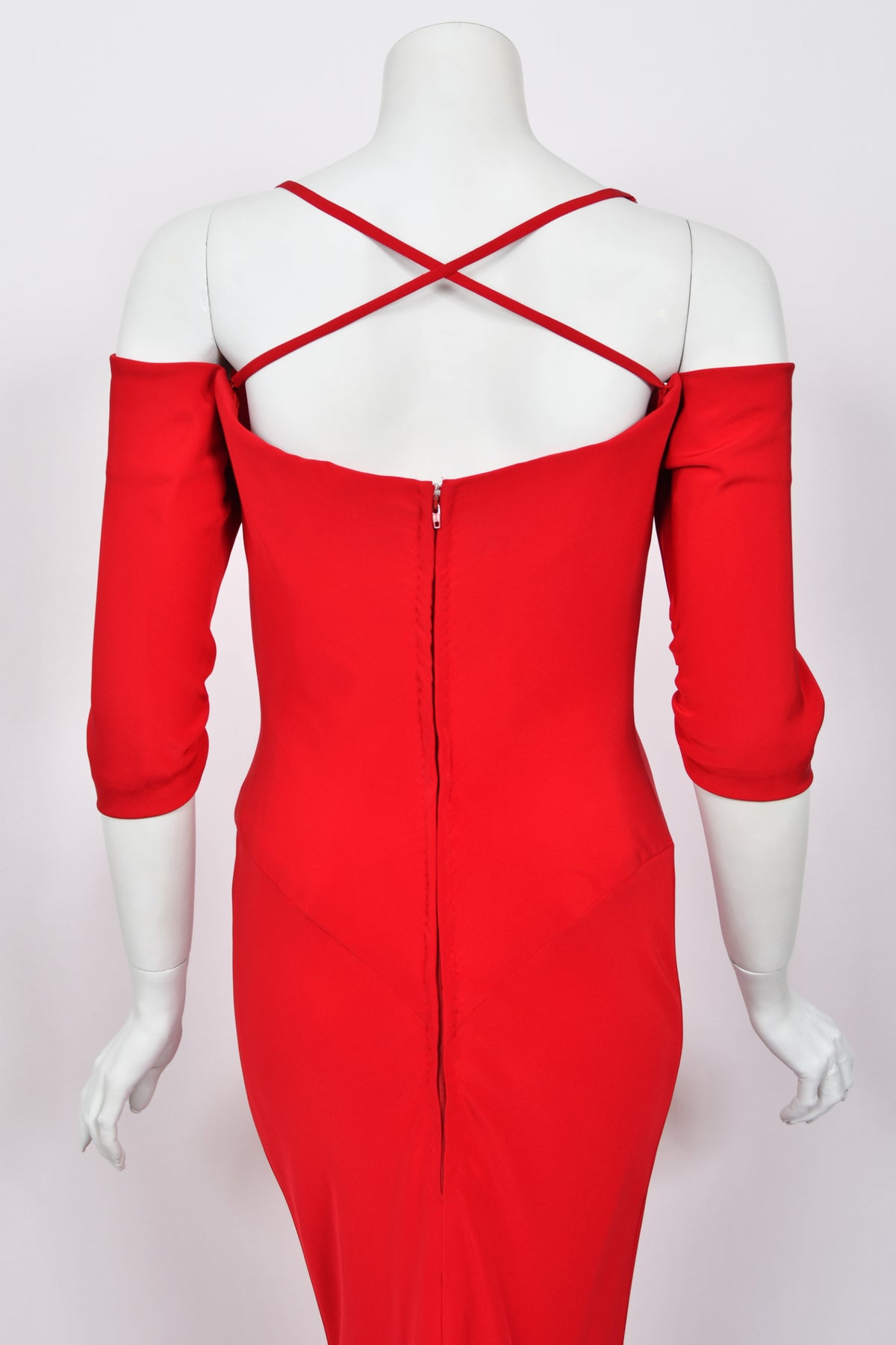 2000 Raquel Welch Custom Couture Ruby-Red Silk Bustier Hourglass Trained Gown