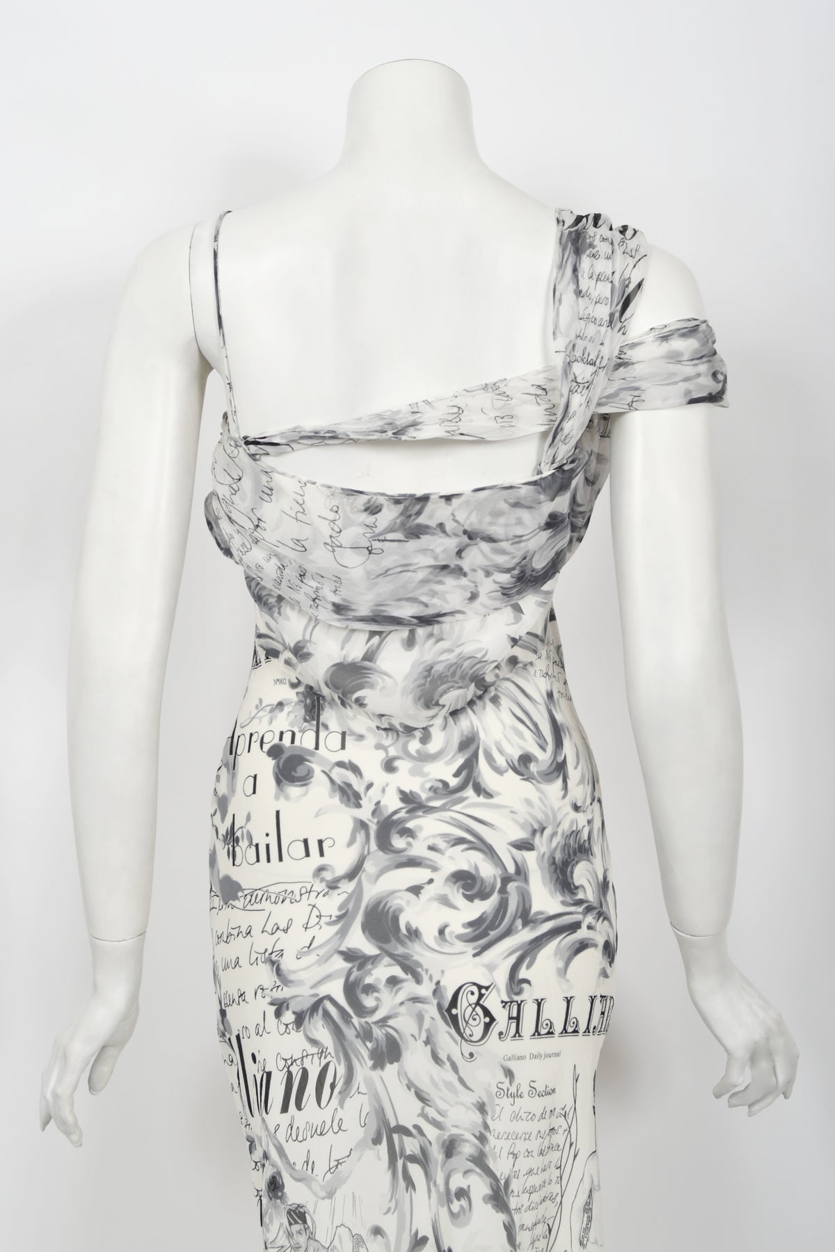 2006 John Galliano Documented Newspaper Print Silk Chiffon Bias-Cut Slip Dress
