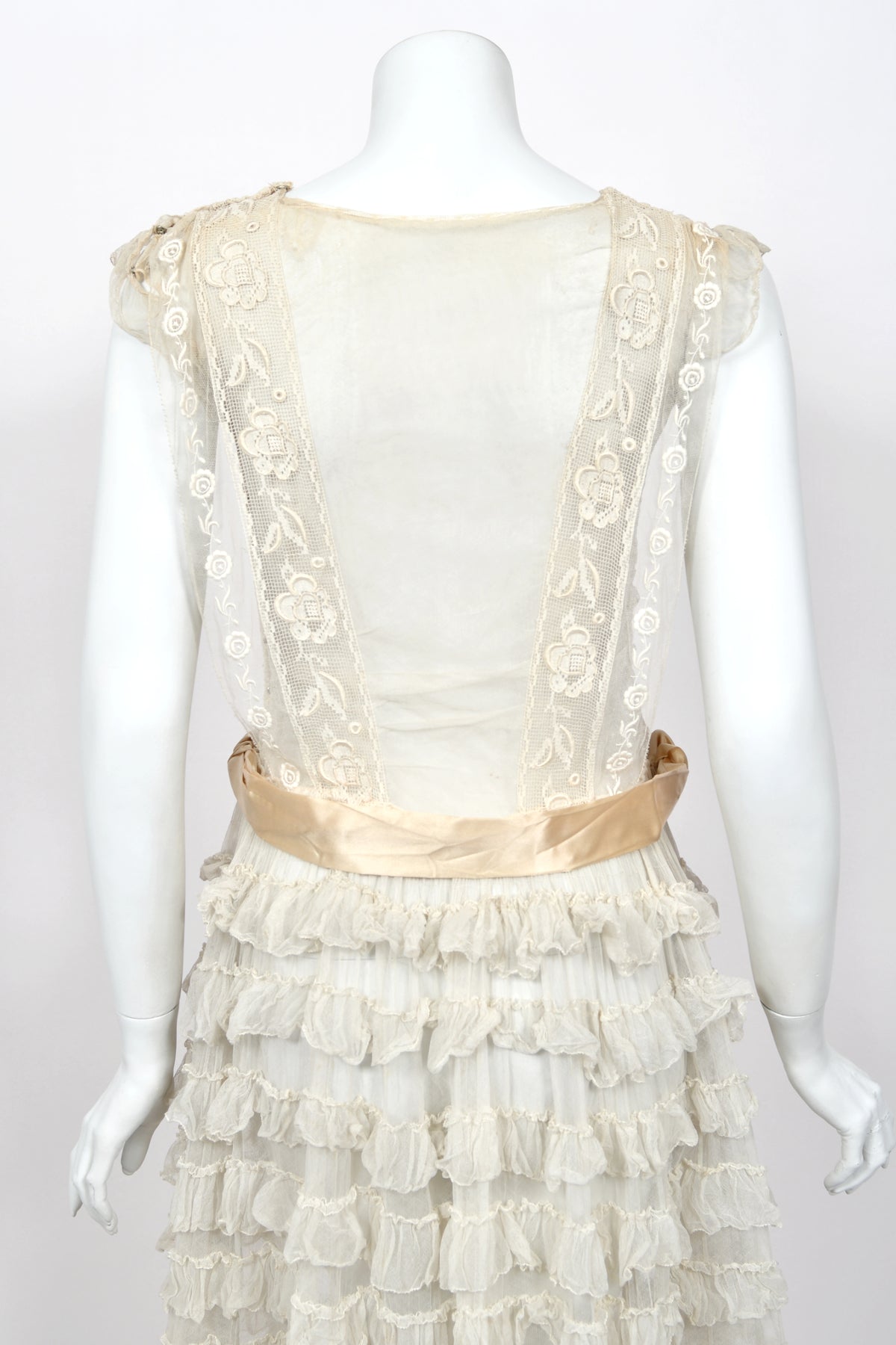 1920's Sheer Ivory Embroidered Floral Motif Net-Tulle Tiered Ruffle 'Robe de Style' Dress
