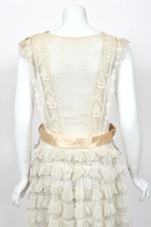 1920's Sheer Ivory Embroidered Floral Motif Net-Tulle Tiered Ruffle 'Robe de Style' Dress