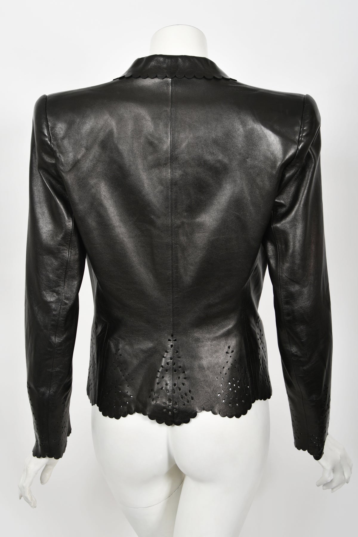 1997 Alexander Mcqueen for Givenchy Runway Black Leather Cutwork Blazer Jacket