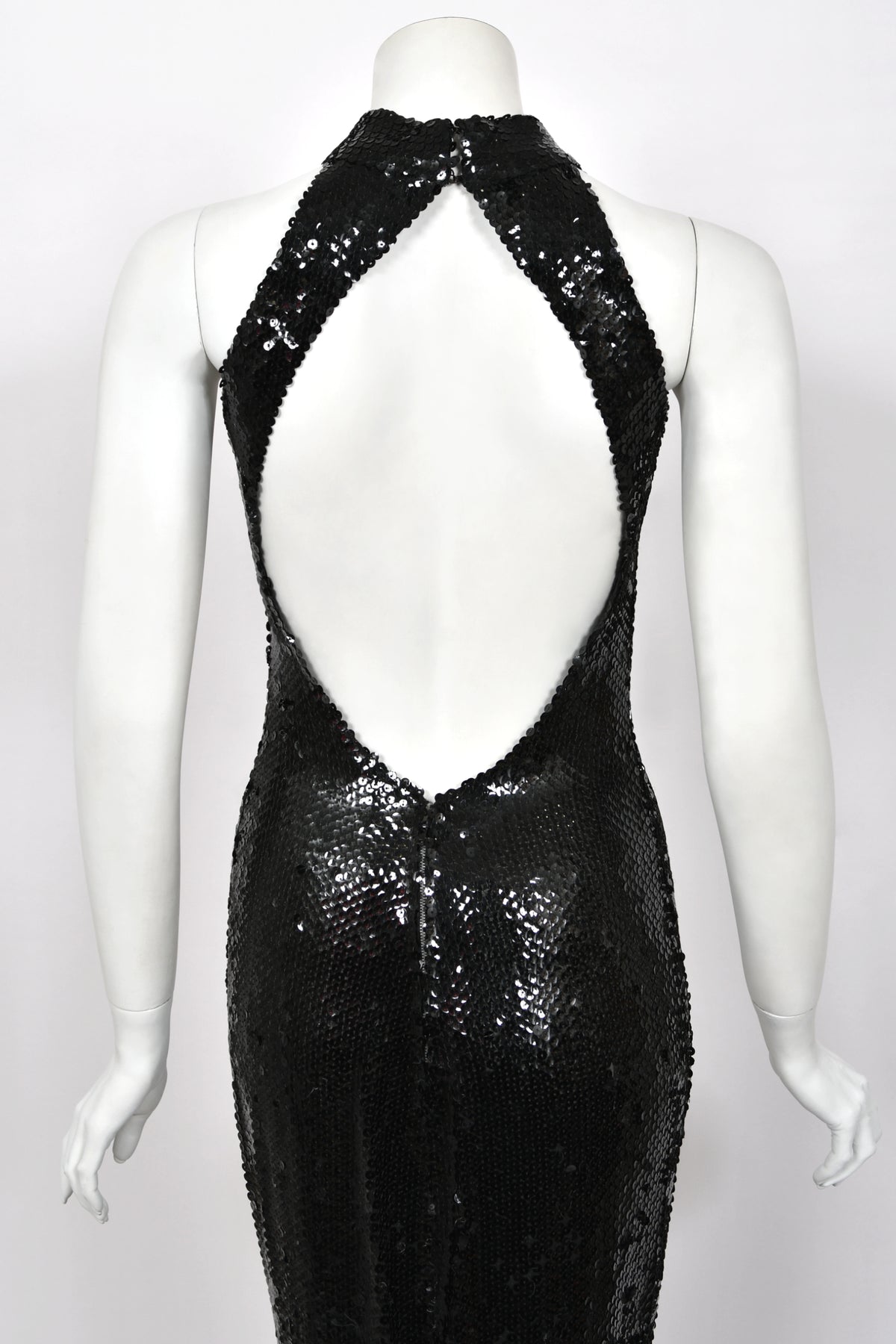 1973 Loris Azzaro Couture Black Fully Sequin Cut-Out Hourglass Mermaid Gown