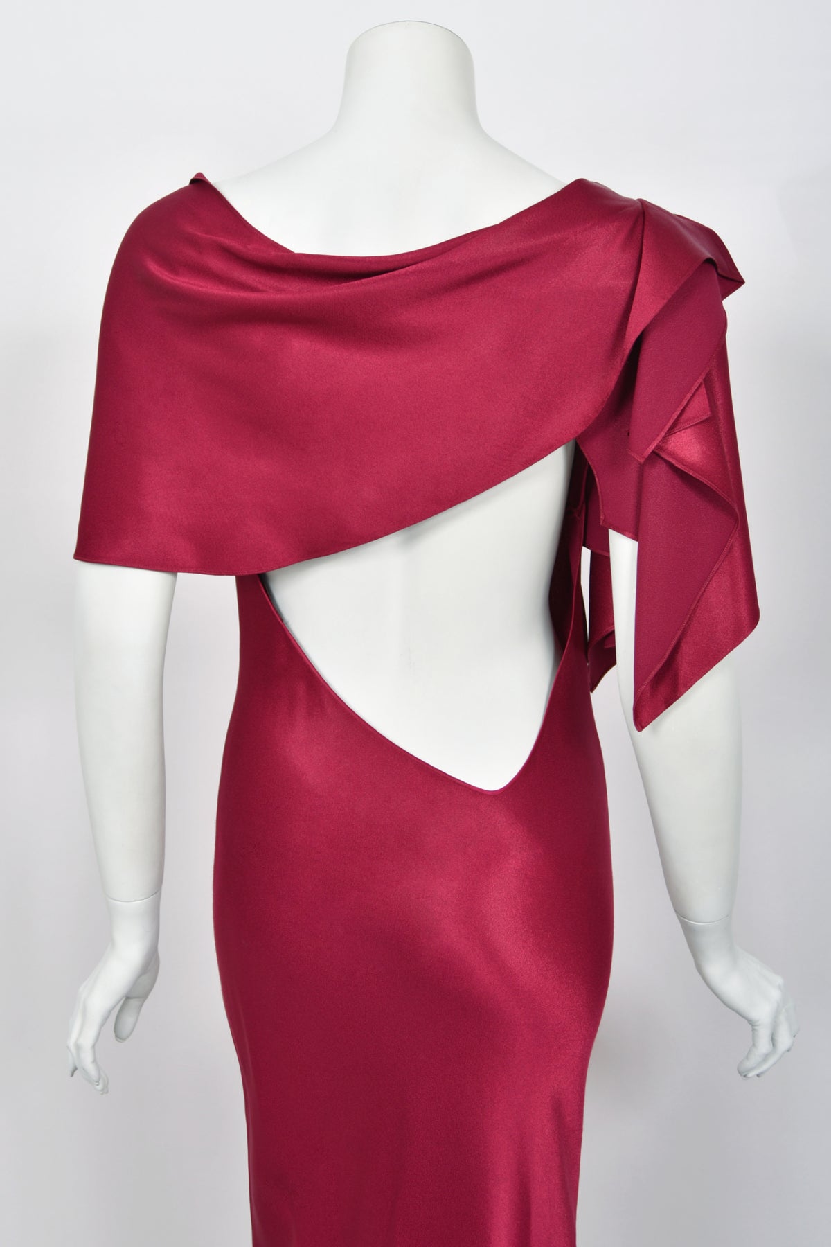 1999 John Galliano Maori Collection Wine Red Asymmetric High Slit Bias-Cut Gown