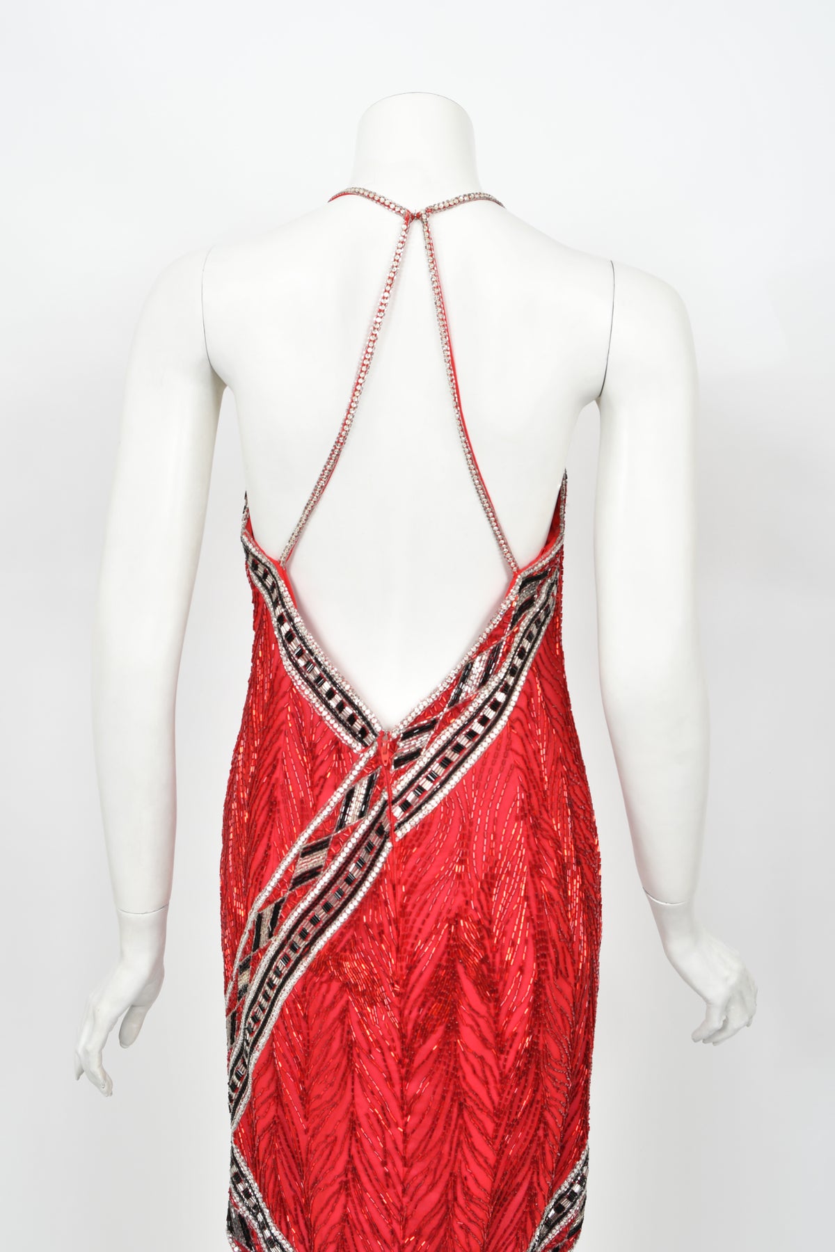 1984 Bob Mackie Documented Fully Beaded Red Silk High Low Micro-Mini Dress