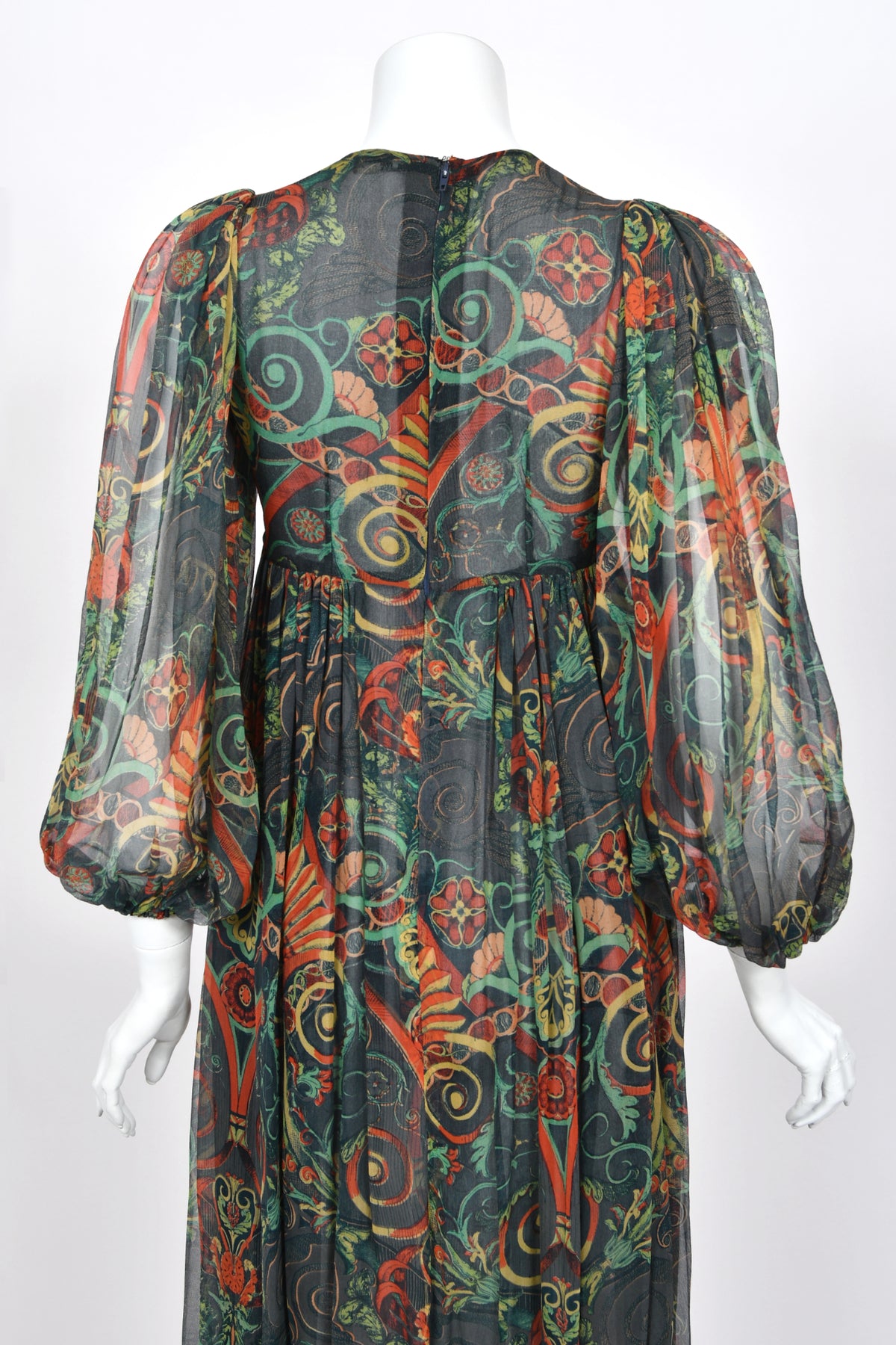 1971 Thea Porter Couture Green Art Nouveau Motif Silk Billow-Sleeve Maxi Dress