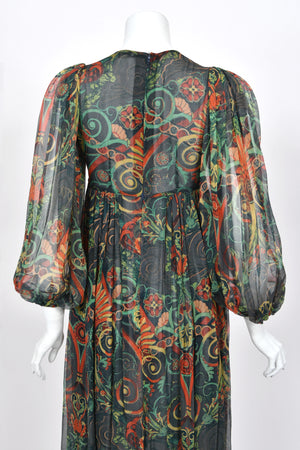 1971 Thea Porter Couture Green Art Nouveau Motif Silk Billow-Sleeve Maxi Dress