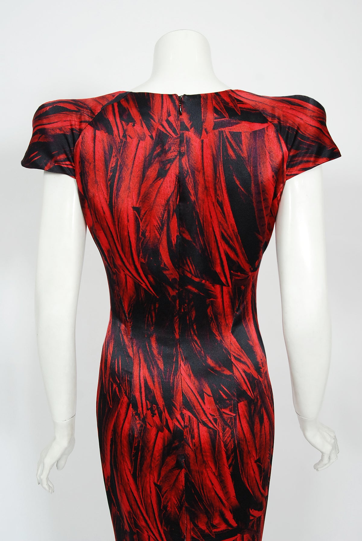 2009 Alexander McQueen Lifetime Red &amp; Black Feather Print Silk Hourglass Gown