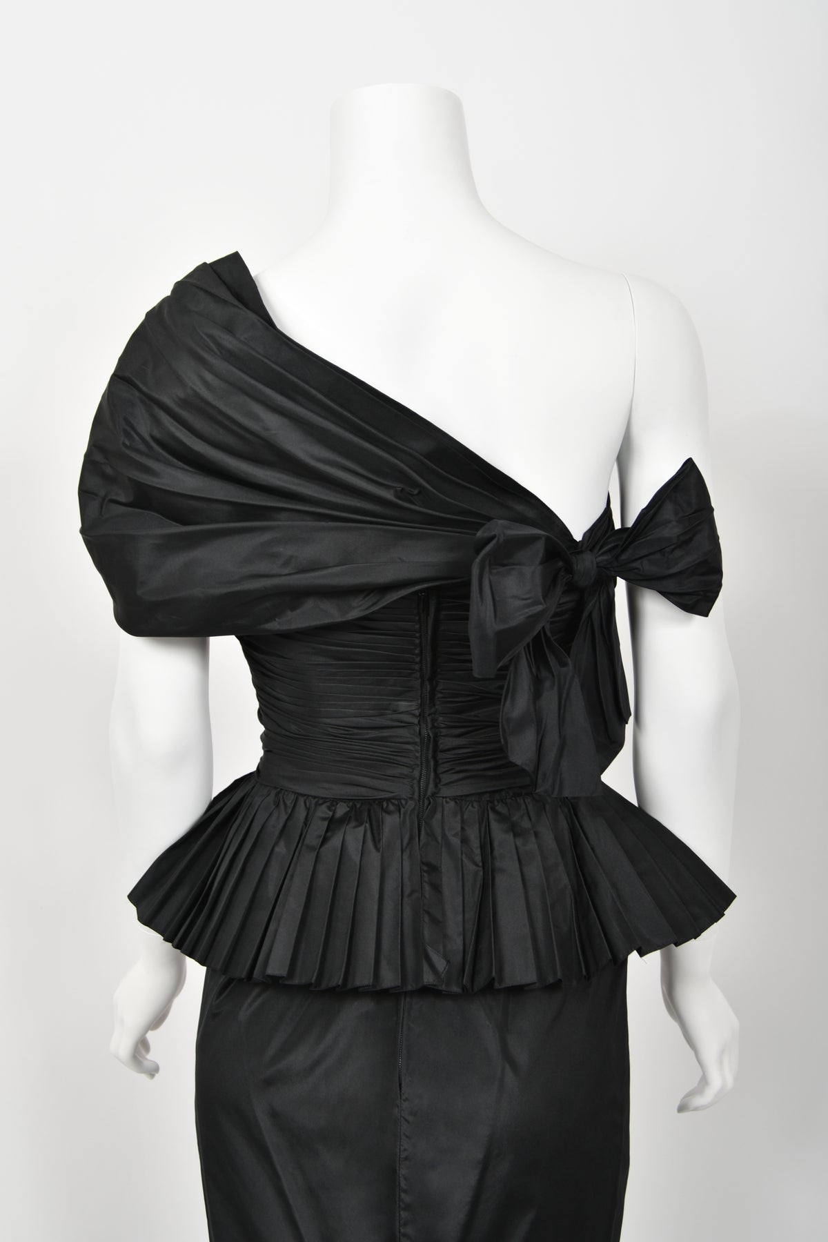 1986 Chanel Documented Runway Black Pleated Silk One-Shoulder Hourglass Gown