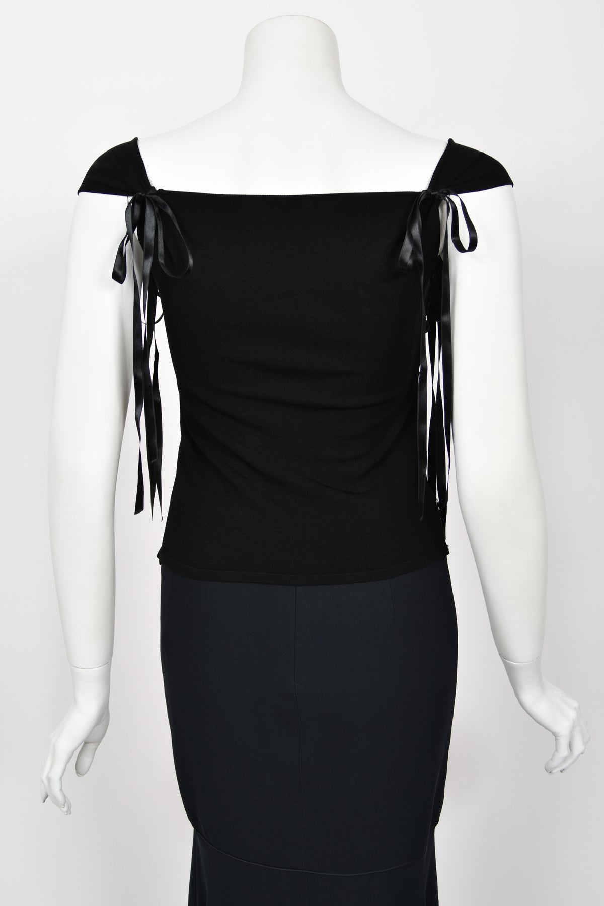 2004 Valentino Runway Black Silk Beaded Sheer Cut-Out Blouse &amp; Bias-Cut Skirt Set