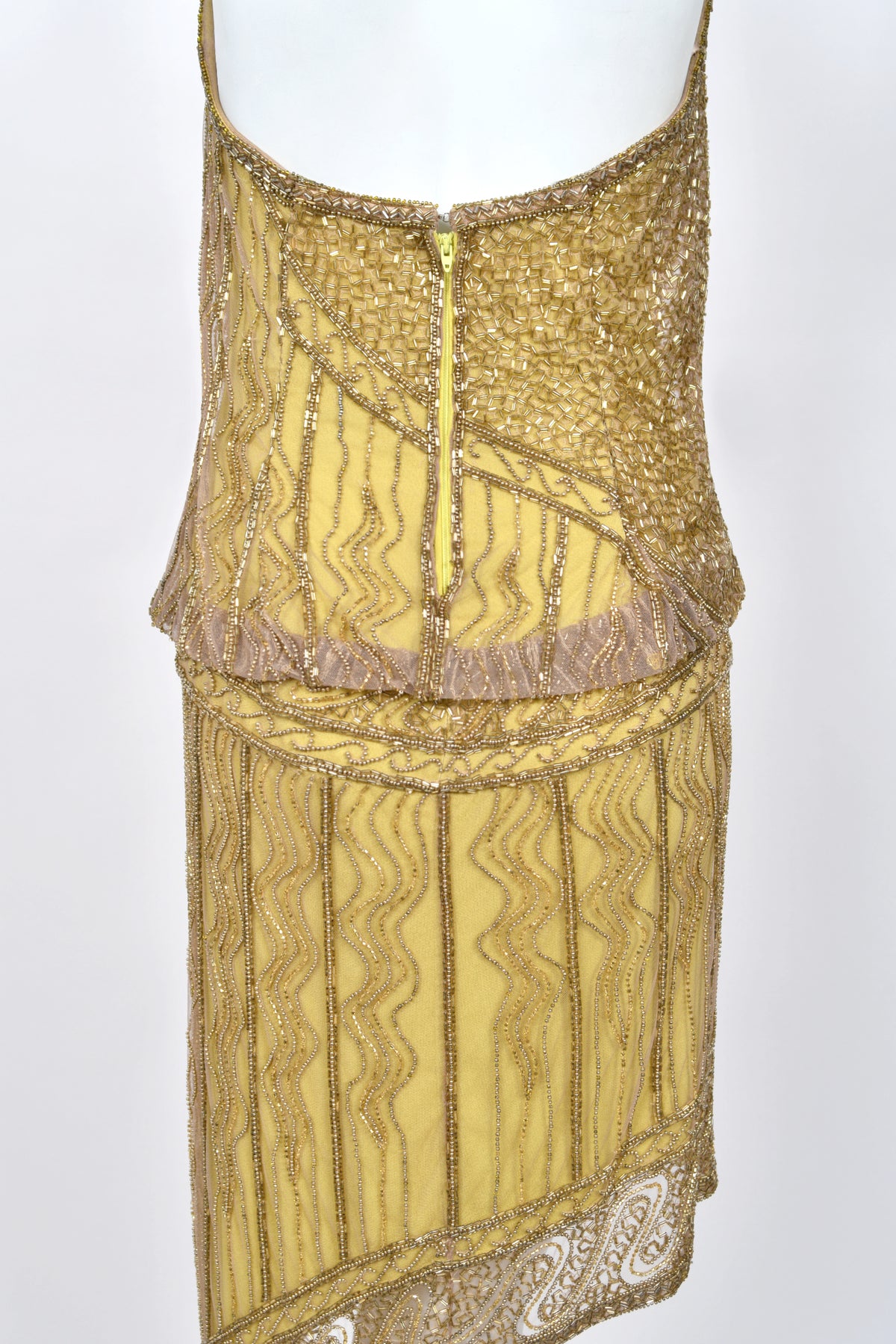 1992 Bob Mackie Runway Metallic Gold Fully-Beaded Halter High Slit 'Flapper' Dress