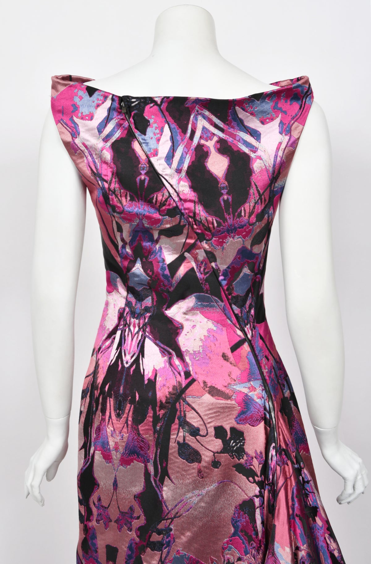 2010 Alexander McQueen Orchid Print Silk Jacquard &amp; Tulle Asymmetric Bustle Gown