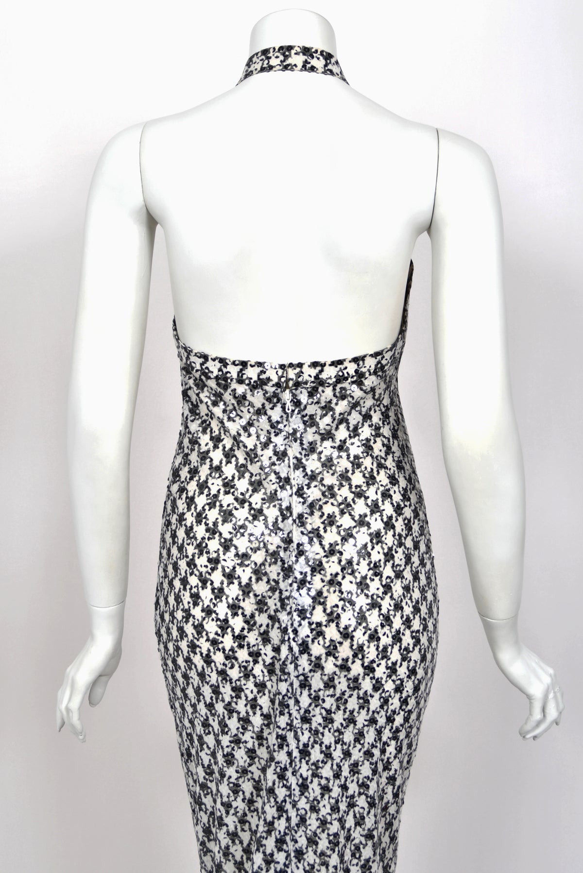 1984 Chanel by Karl Lagerfeld Black & White Sequin Houndstooth Silk Bias-Cut Halter Gown