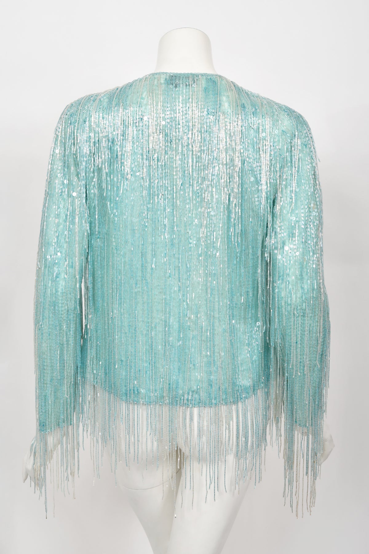 1970&#39;s Halston Couture Ice Blue Beaded Silk Fringe Disco Cardigan Jacket