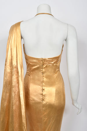 1950's Yma Sumac Custom Couture Old Hollywood Metallic Gold Hourglass Trained Dress