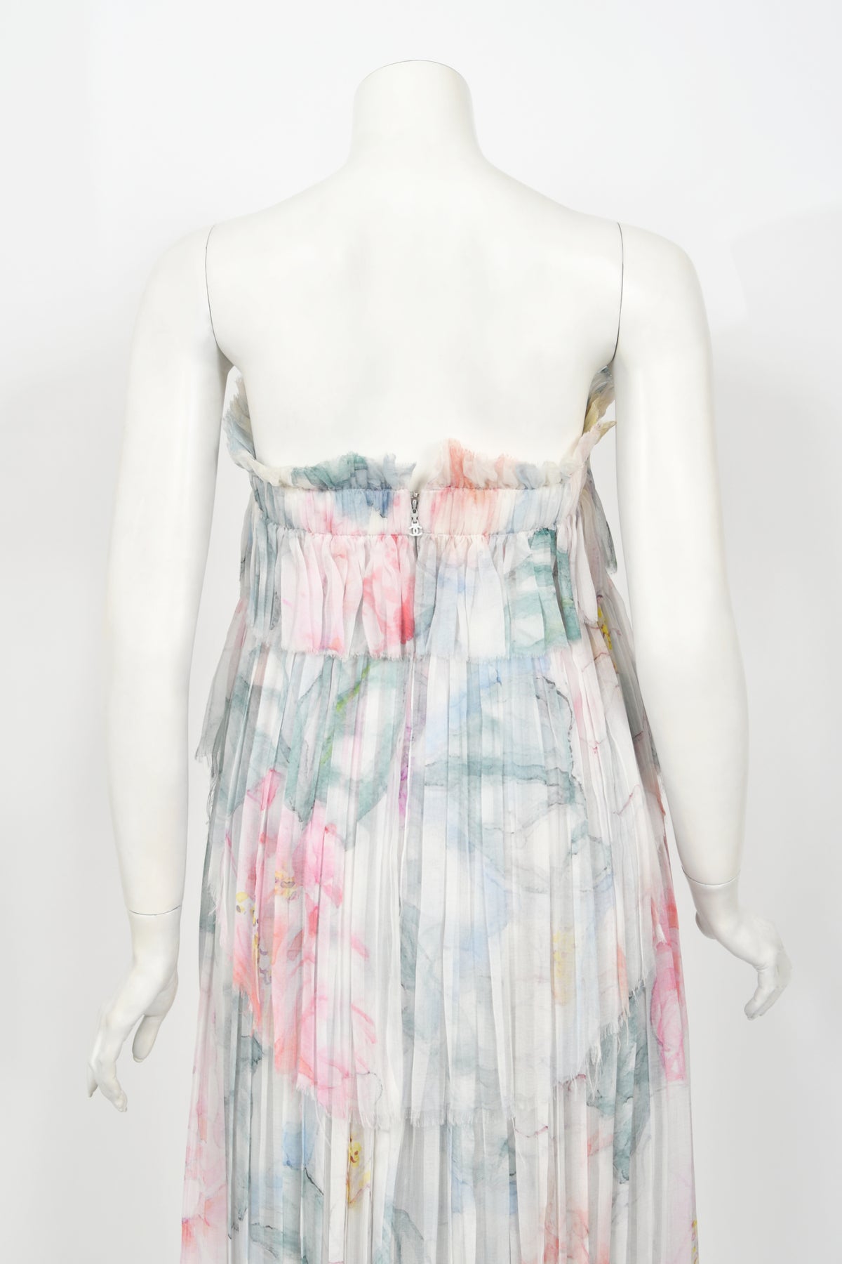 2013 Chanel by Karl Lagerfeld Pastel Floral Silk &amp; Sheer Tulle Strapless Dress