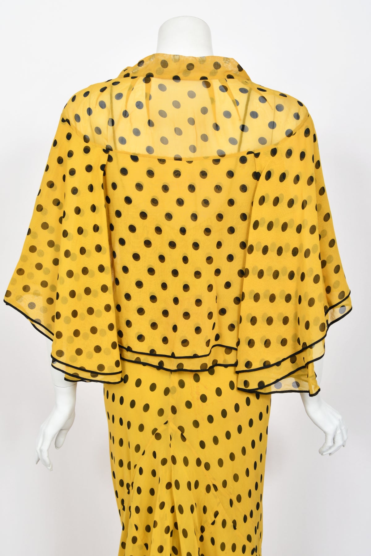 1930&#39;s Germaine Monteil Couture Polka Dot Silk Appliqué Bias-Cut Gown w/ Capelet