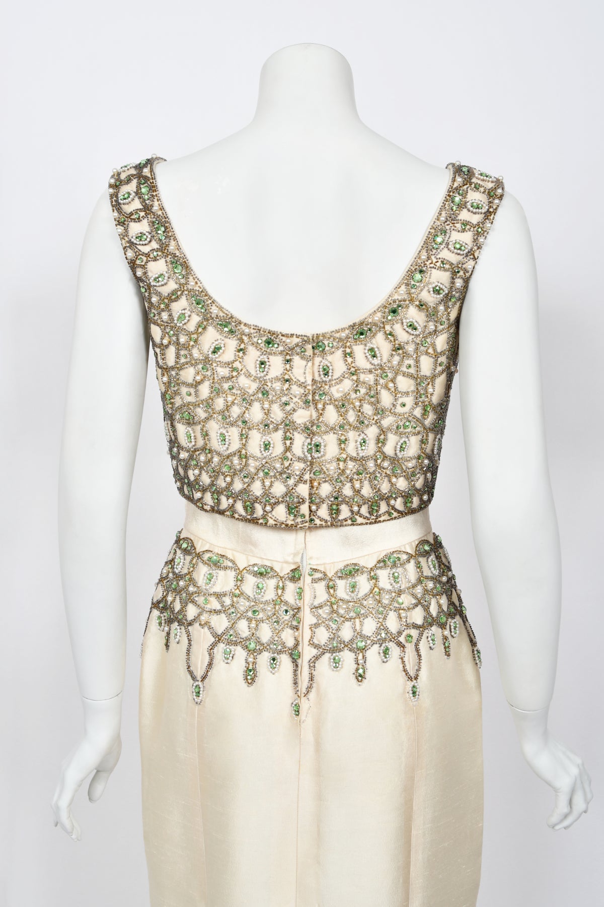 1960&#39;s British Crown Colony Beaded Rhinestone Ivory Silk Crop Top Column Gown